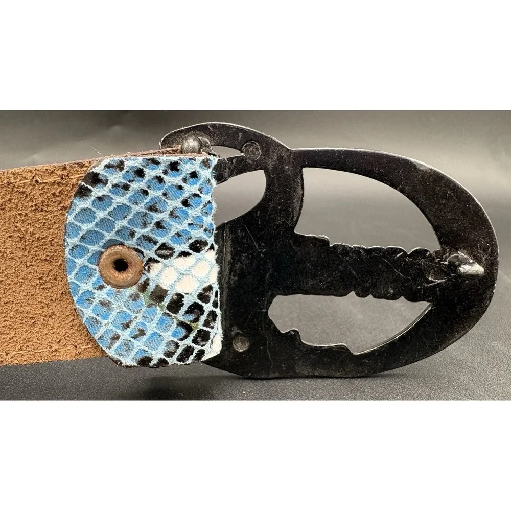 Just Cavalli Croc Leather Belt Blue Black White Crocodile Buckle Size 31-36 EUC